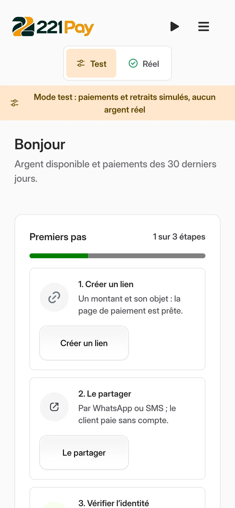221 Pay dashboard on a phone: test mode and first steps (create a link, share it, verify identity).