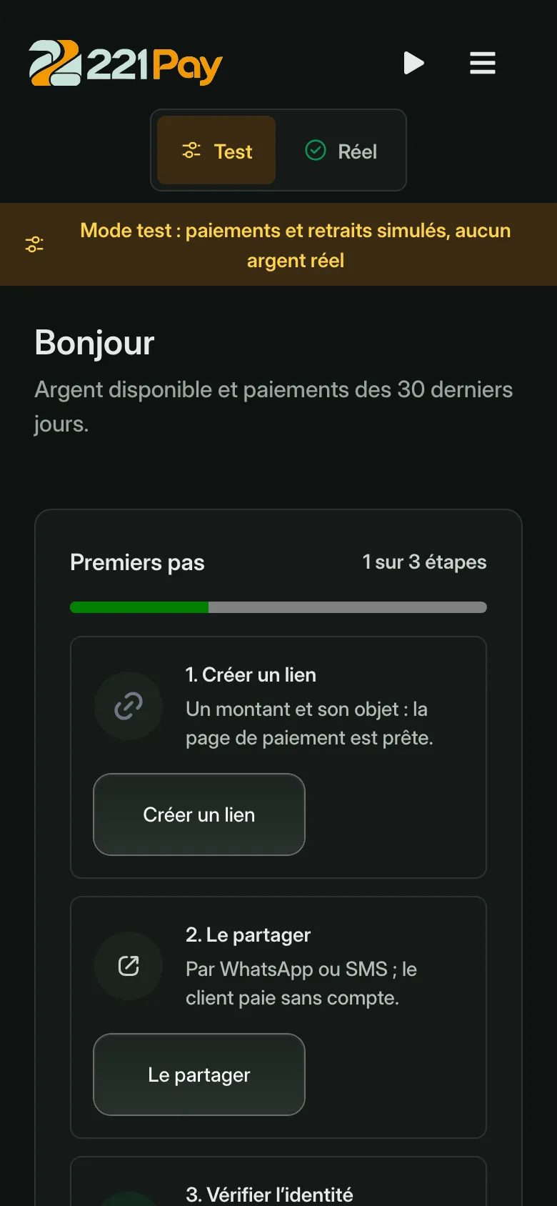 221 Pay dashboard on a phone: test mode and first steps (create a link, share it, verify identity).