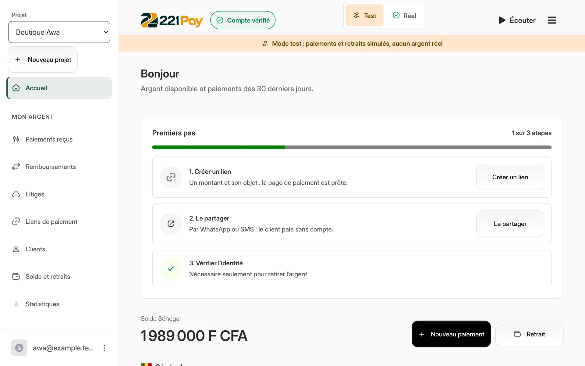 221 Pay dashboard in test mode: first steps, Senegal balance, payments received, refunds and payouts.