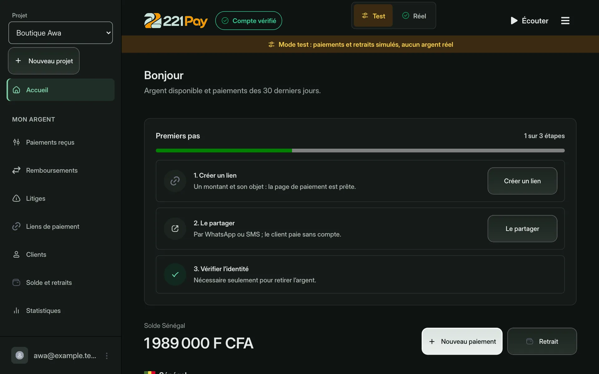 221 Pay dashboard in test mode: first steps, Senegal balance, payments received, refunds and payouts.