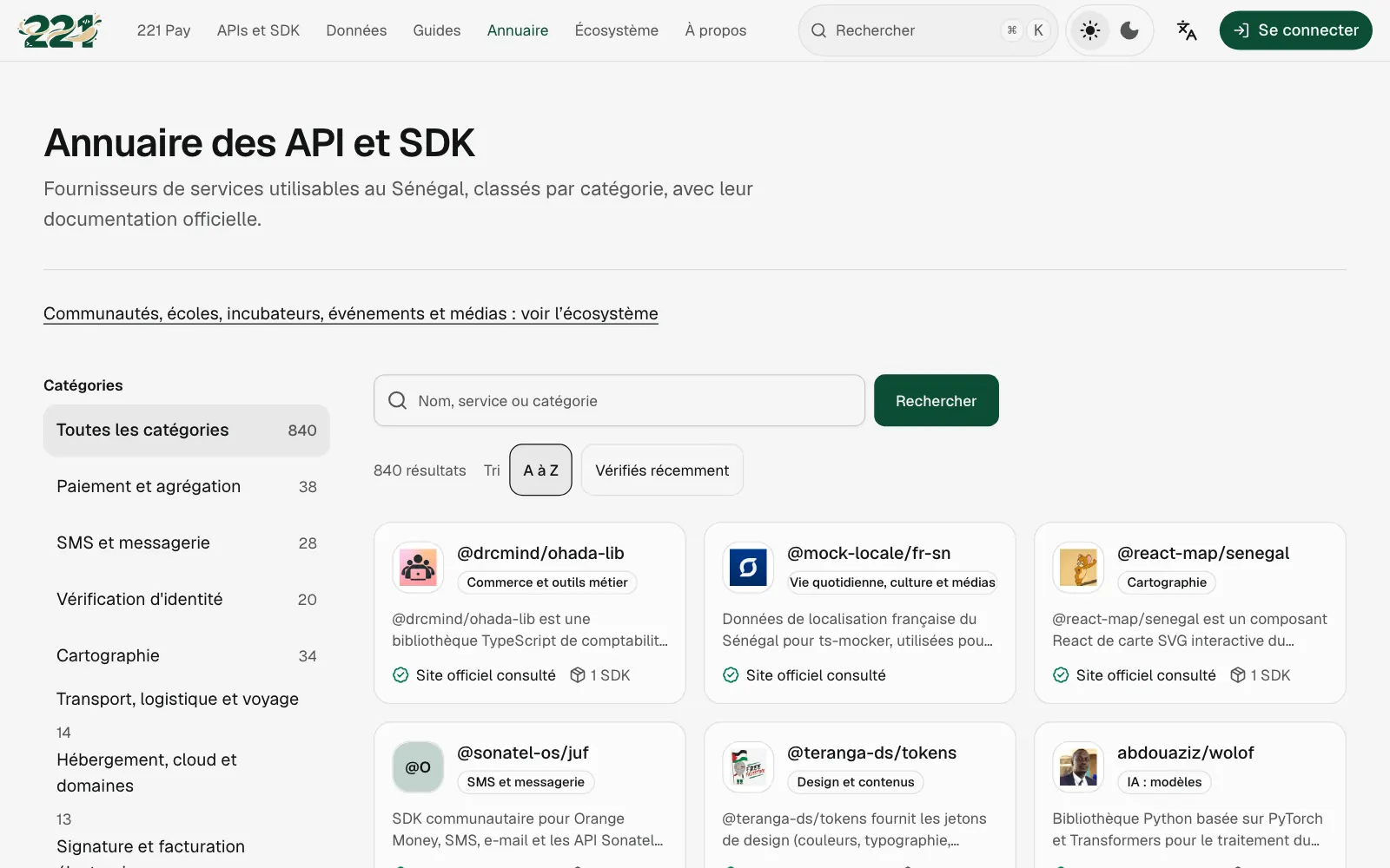 The 221 directory: 840 providers sorted by category, with search and sorting.