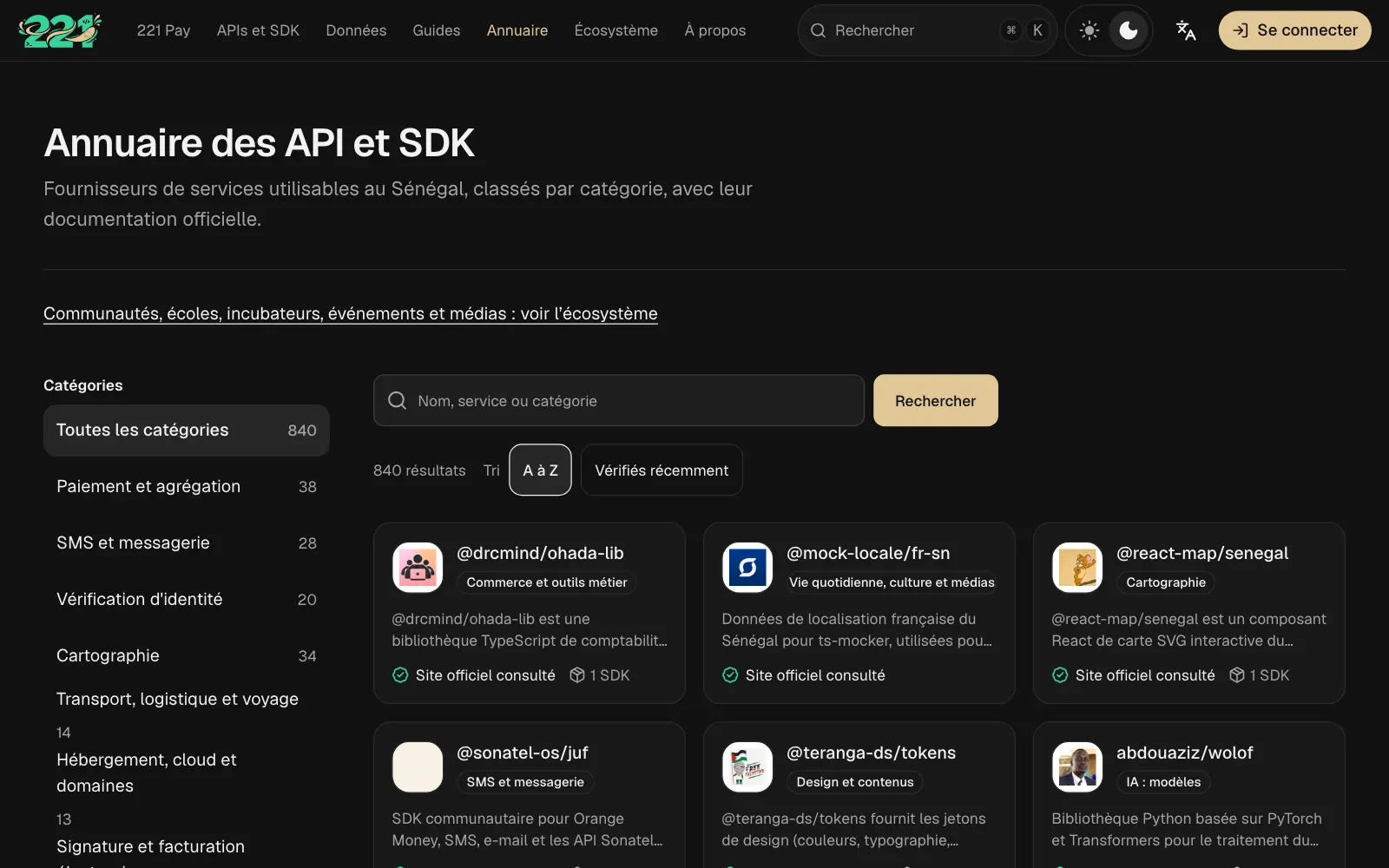 The 221 directory: 840 providers sorted by category, with search and sorting.