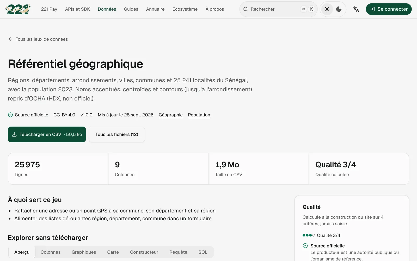 The geographic reference dataset page: 25,975 rows, 9 columns, CSV download and computed quality.