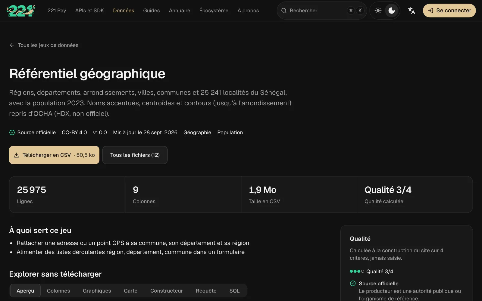 The geographic reference dataset page: 25,975 rows, 9 columns, CSV download and computed quality.