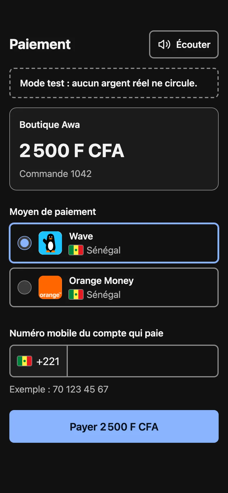 Public payment page: Boutique Awa, 2,500 CFA francs, Wave or Orange Money choice and mobile number.