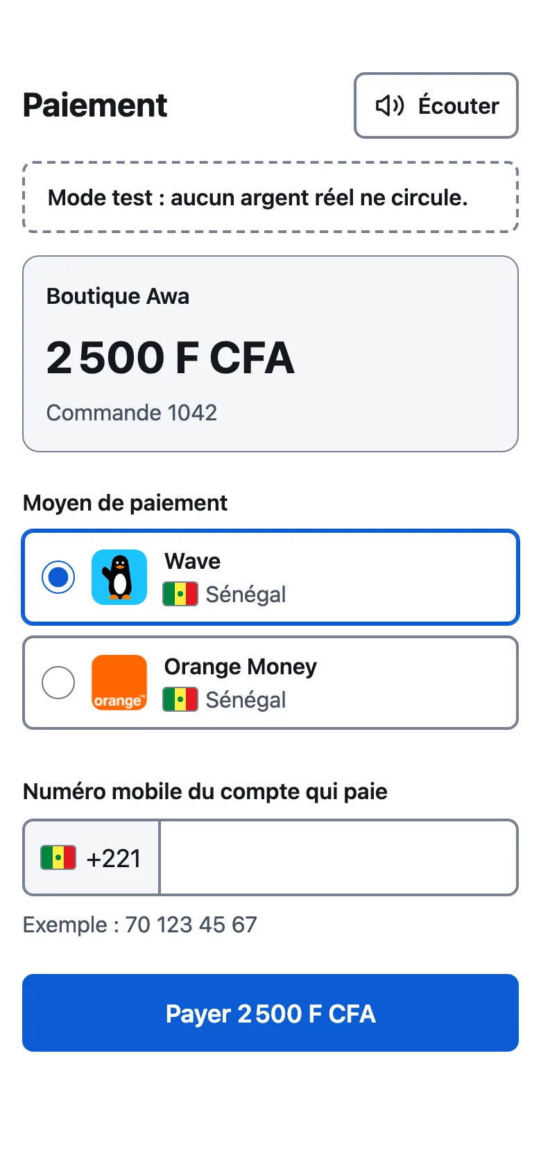 Public payment page: Boutique Awa, 2,500 CFA francs, Wave or Orange Money choice and mobile number.