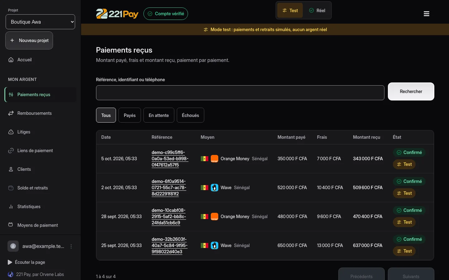 Received payments in the 221 Pay dashboard: Wave or Orange Money, amount paid, fees and amount received.