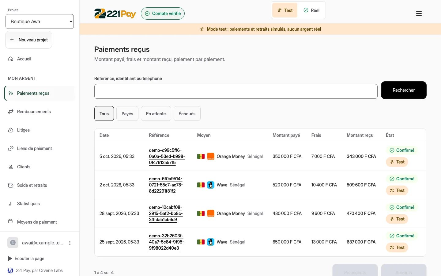 Received payments in the 221 Pay dashboard: Wave or Orange Money, amount paid, fees and amount received.